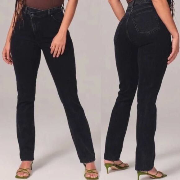 ABERCROMBIE & FITCH Curve Love 90's Straight Ultra High Rise Cross Jean Blk 36 L - Picture 1 of 6